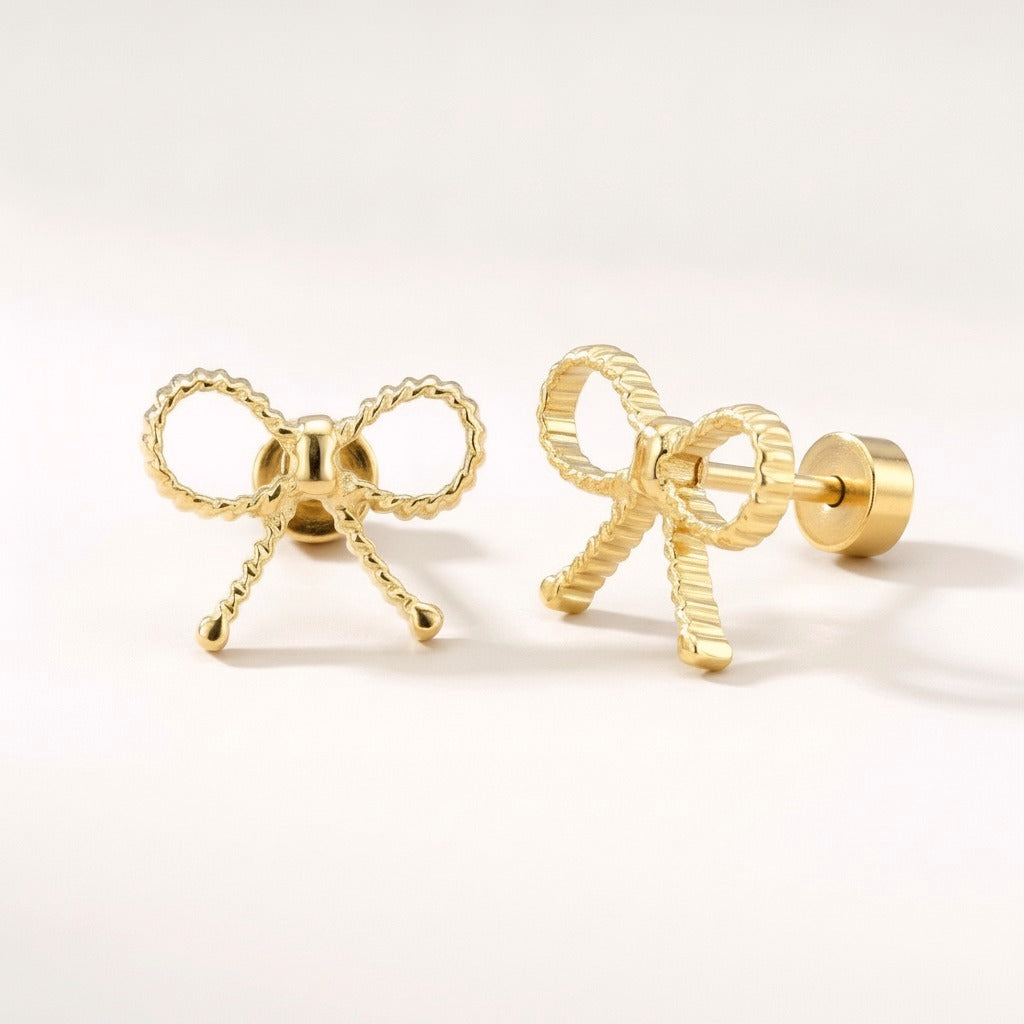 Ribbon Bow Flat Backs: hypoallergenic kids' flat back stud earrings, shown front and side on a soft stone background