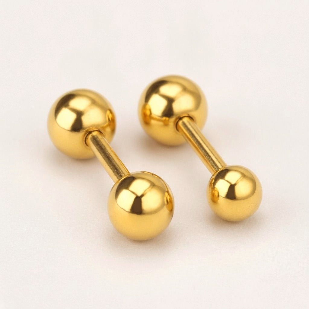 Screw Back Studs Gold: hypoallergenic kids' screw back stud earrings, shown front and side on a soft stone background