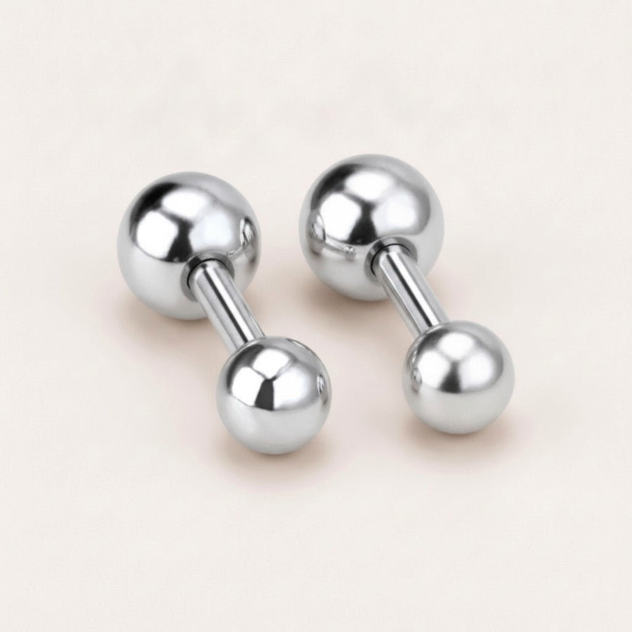 Screw Back Studs Silver: hypoallergenic kids' screw back stud earrings, shown front and side on a soft stone background