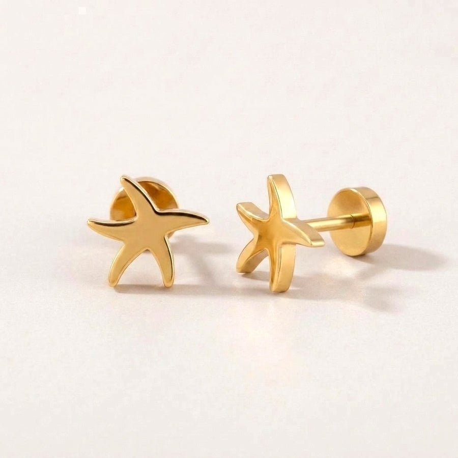 Starfish Flat Back Studs: hypoallergenic kids' flat back stud earrings, shown front and side on a soft stone background