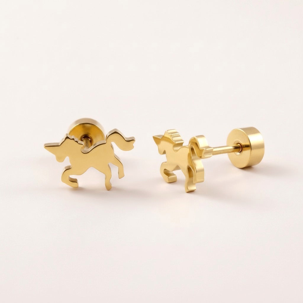Unicorn Flat Back Studs: hypoallergenic kids' flat back stud earrings, shown front and side on a soft stone background