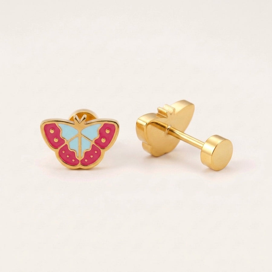 Vibrant Butterfly Flat Back Studs Gold: hypoallergenic kids' flat back stud earrings, shown front and side on a soft stone background