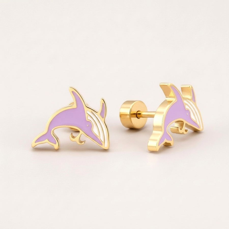 Whale Flat Back Studs Gold: hypoallergenic kids' flat back stud earrings, shown front and side on a soft stone background