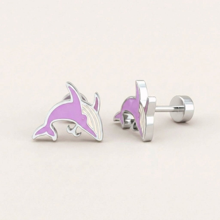 Whale Flat Back Studs Silver: hypoallergenic kids' flat back stud earrings, shown front and side on a soft stone background