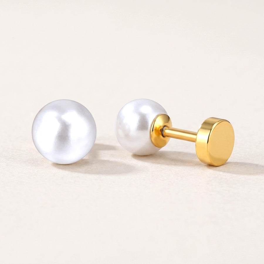 White Pearl Flat Back Studs Gold: hypoallergenic kids' flat back stud earrings, shown front and side on a soft stone background