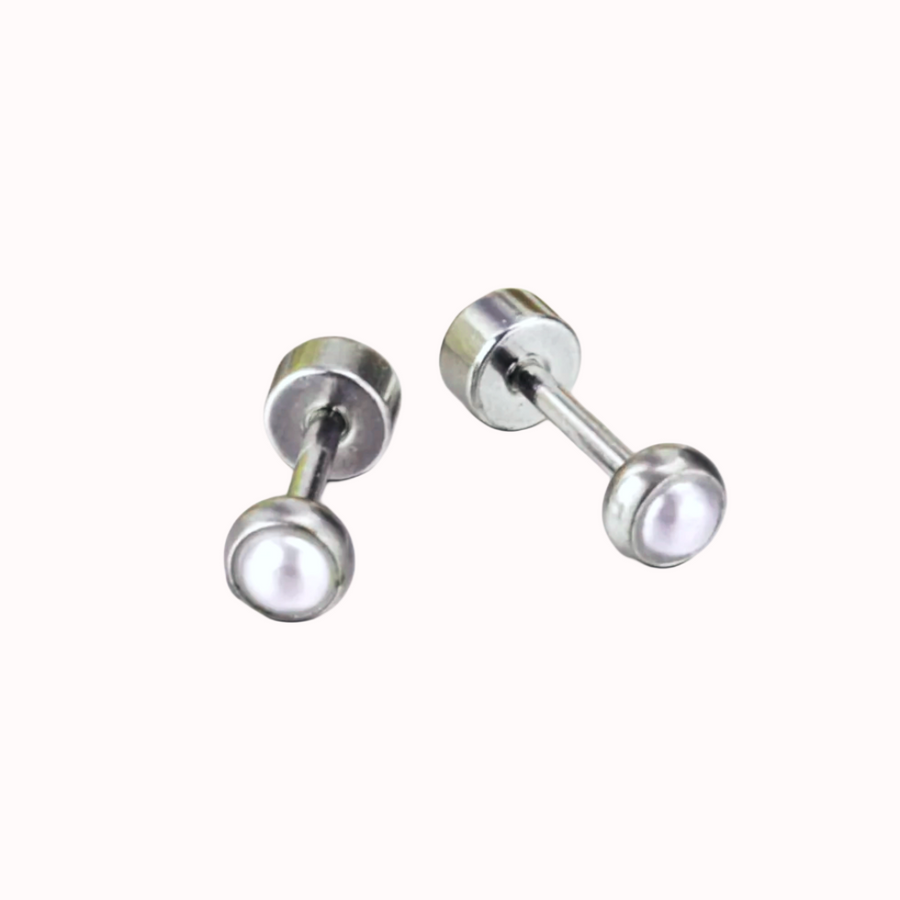Pearl Bezel Flat Back Studs Silver