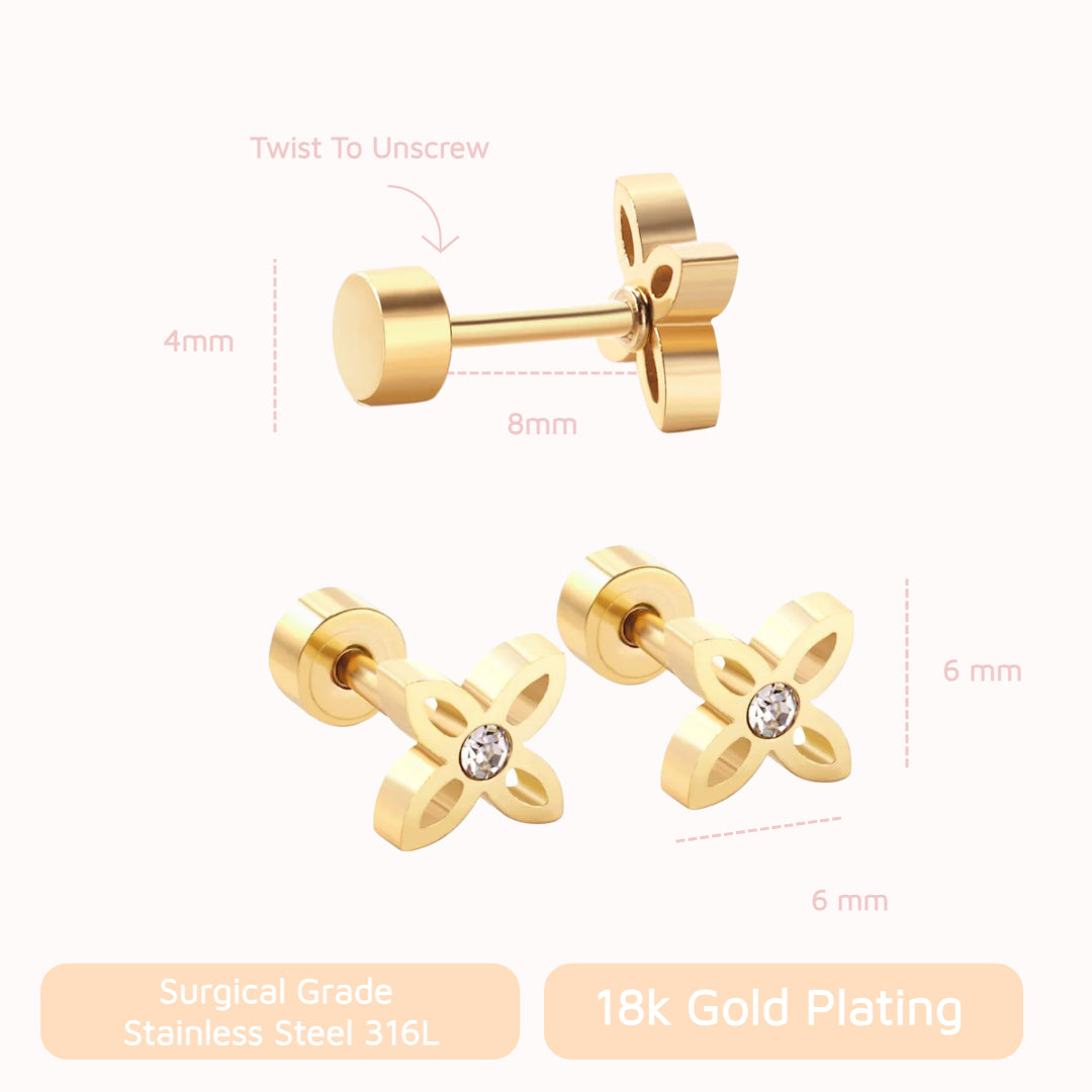 Crystal Flower Stud Screw Back Studs Gold