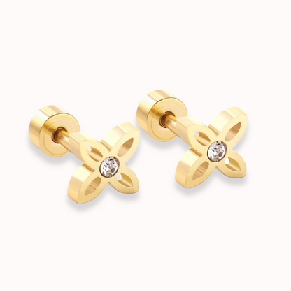 Crystal Flower Stud Screw Back Studs Gold