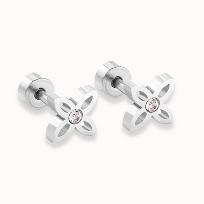 Crystal Flower Stud Screw Back Studs Silver