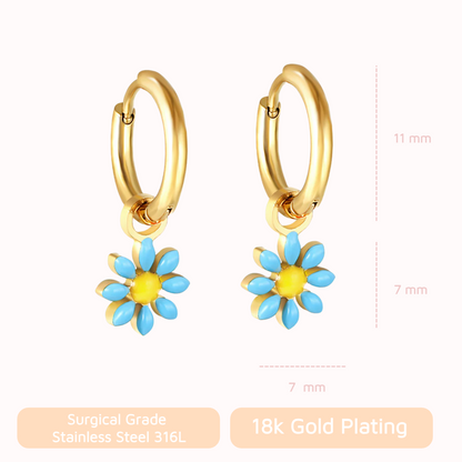 Gold hoop earrings with blue and yellow flower charms and measurements on a white background.