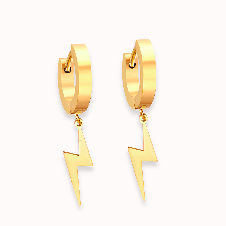 Lightning Bolt Huggies: gold huggie hoops with a lightning bolt charm