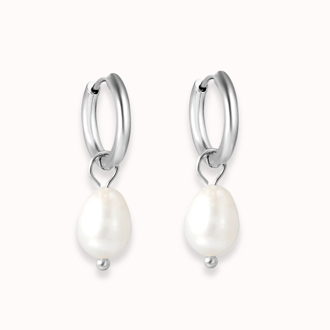 Luna Pearl Drop Huggies Silver
