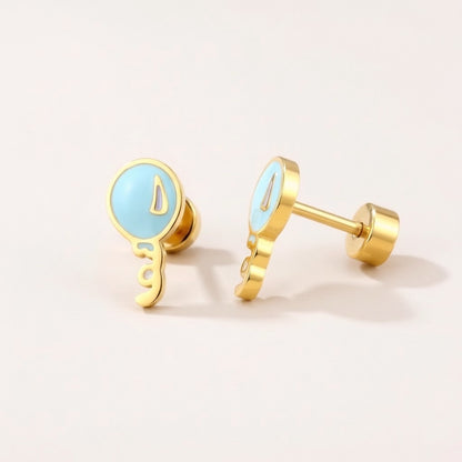 Balloon Pop Flat Back Studs: hypoallergenic kids' flat back stud earrings, shown front and side on a soft stone background