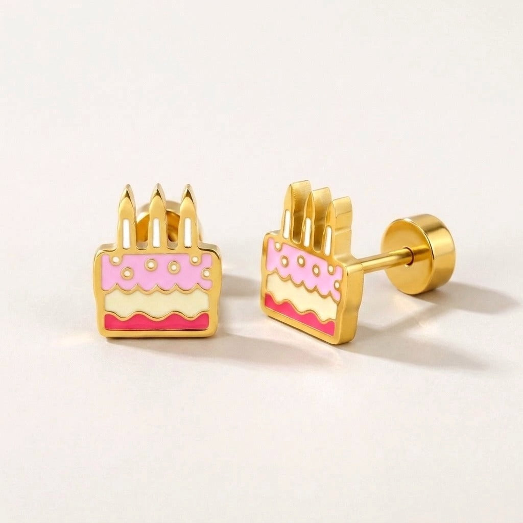 Birthday Cake Flat Back Studs: hypoallergenic kids' flat back stud earrings, shown front and side on a soft stone background