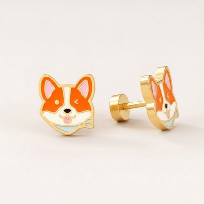 Corgi Flat Back Studs Gold: hypoallergenic kids' flat back stud earrings, shown front and side on a soft stone background
