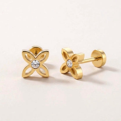 Crystal Flower Stud Screw Back Studs Gold: hypoallergenic kids' flat back stud earrings, shown front and side on a soft stone background