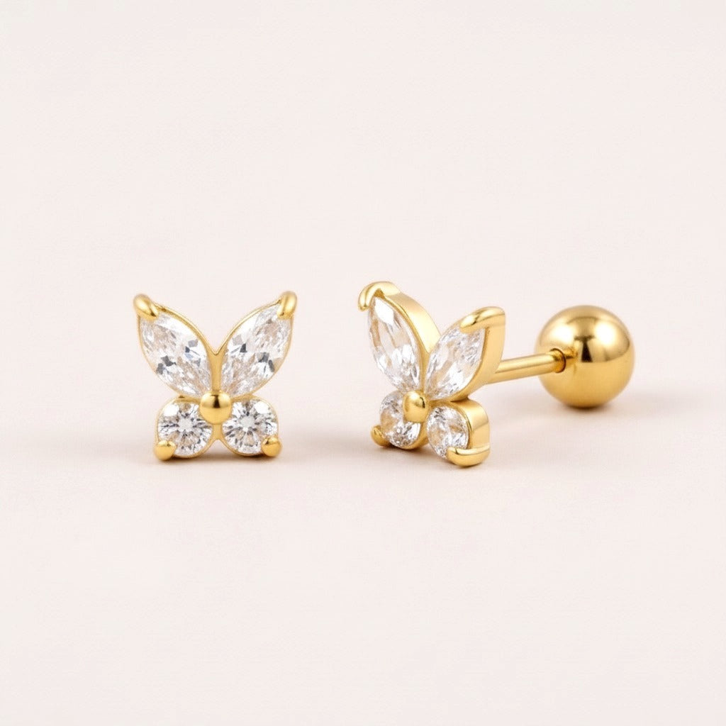 Crystal Flutter Screw Back Studs Gold: hypoallergenic kids' screw back stud earrings, shown front and side on a soft stone background