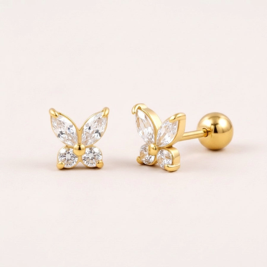 Crystal Flutter Screw Back Studs Gold: hypoallergenic kids' screw back stud earrings, shown front and side on a soft stone background