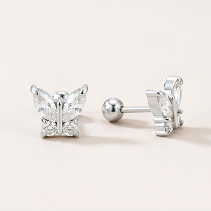 Crystal Flutter Screw Back Studs Silver: hypoallergenic kids' screw back stud earrings, shown front and side on a soft stone background