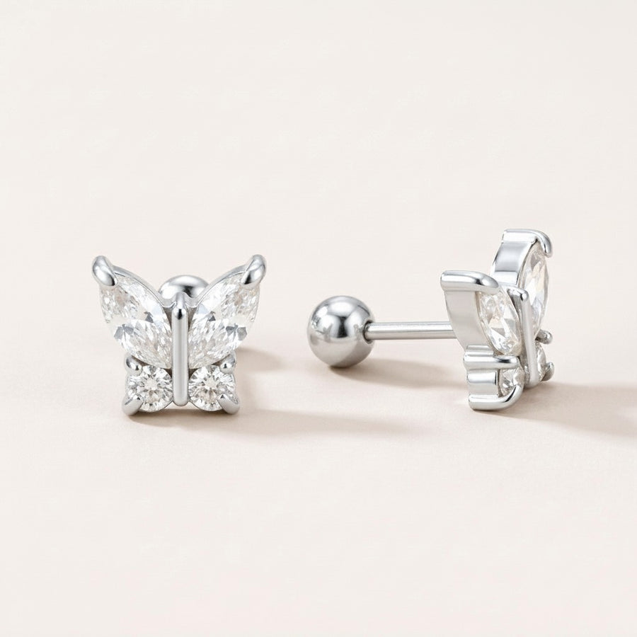 Crystal Flutter Screw Back Studs Silver: hypoallergenic kids' screw back stud earrings, shown front and side on a soft stone background