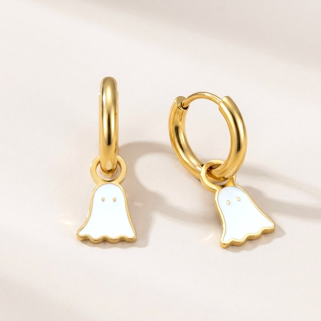 Boo Huggies: hypoallergenic kids' huggie hoop earrings, shown front and side on a soft stone background