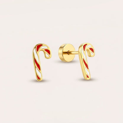 Candy Cane Flat Back Studs: hypoallergenic kids' flat back stud earrings, shown front and side on a soft stone background