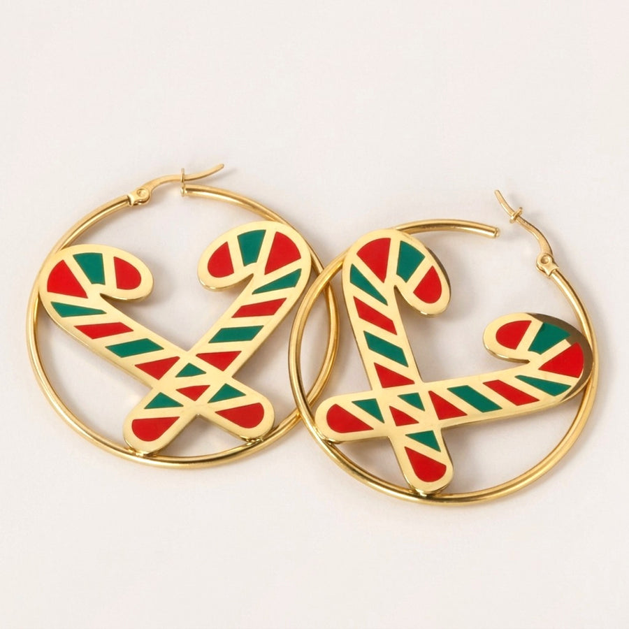 Candy Cane Hoops: hypoallergenic kids' hoop earrings, shown front and side on a soft stone background
