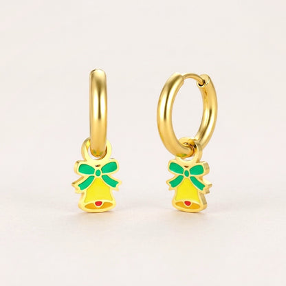 Christmas Bell Huggies: hypoallergenic kids' huggie hoop earrings, shown front and side on a soft stone background