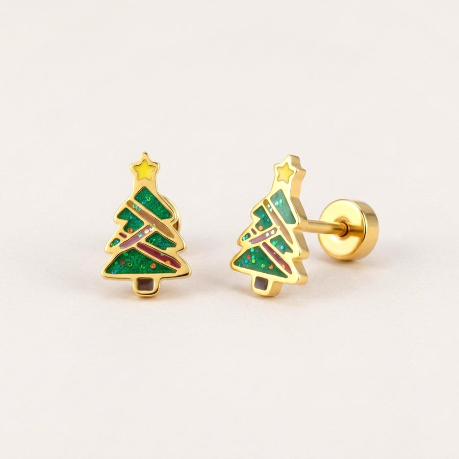 Christmas Tree Flat Back Stud: hypoallergenic kids' flat back stud earrings, shown front and side on a soft stone background