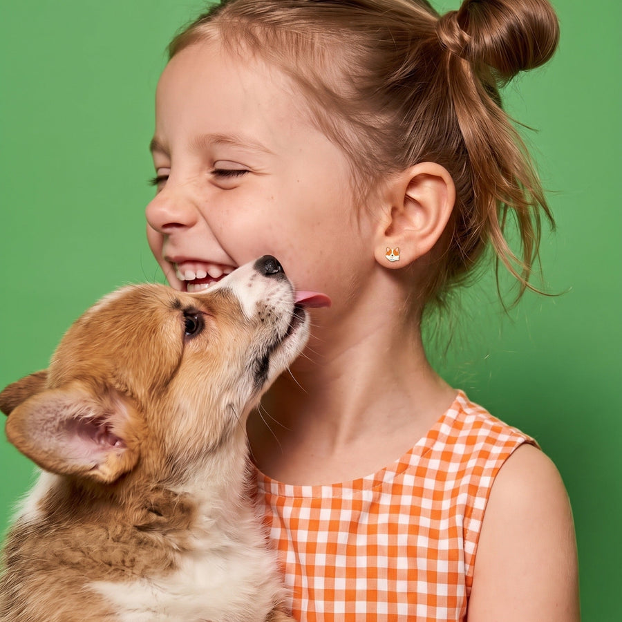 Corgi Flat Back Studs Gold worn by a smiling girl, animal lover look: hypoallergenic kids' earrings