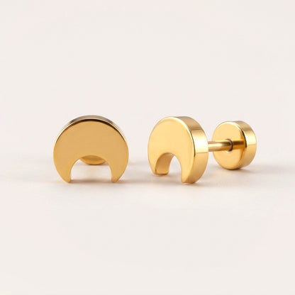 Crescent Flat Back Stud: hypoallergenic kids' flat back stud earrings, shown front and side on a soft stone background