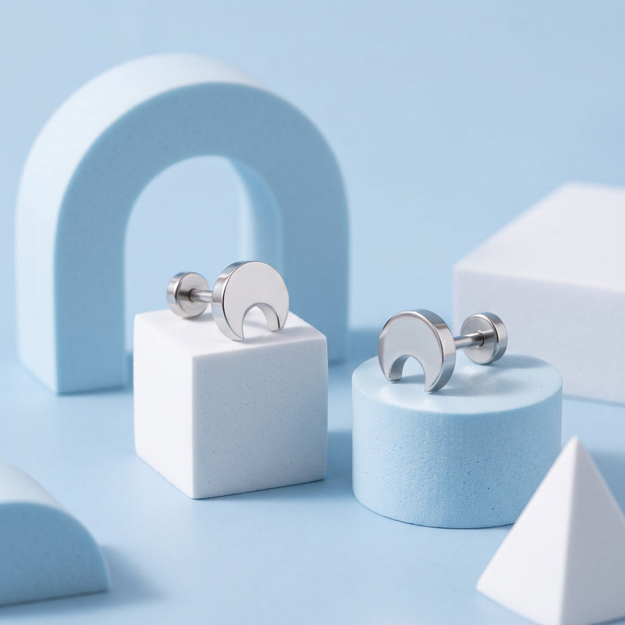 Crescent Flat Back Stud Silver