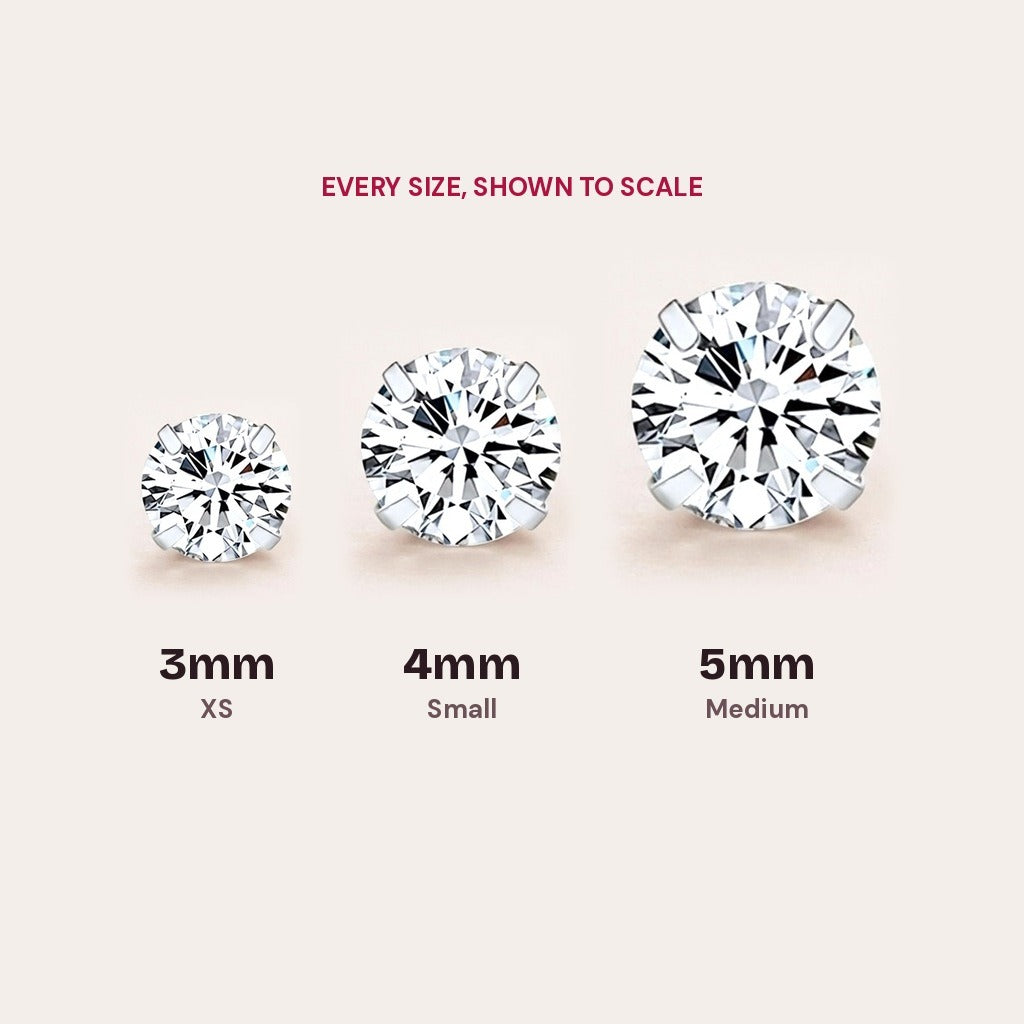 Diamond CZ Flat Back Studs Silver in every size, shown to scale