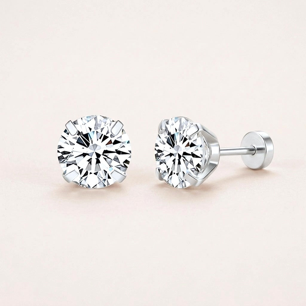 Diamond CZ Flat Back Studs Silver on a soft stone background