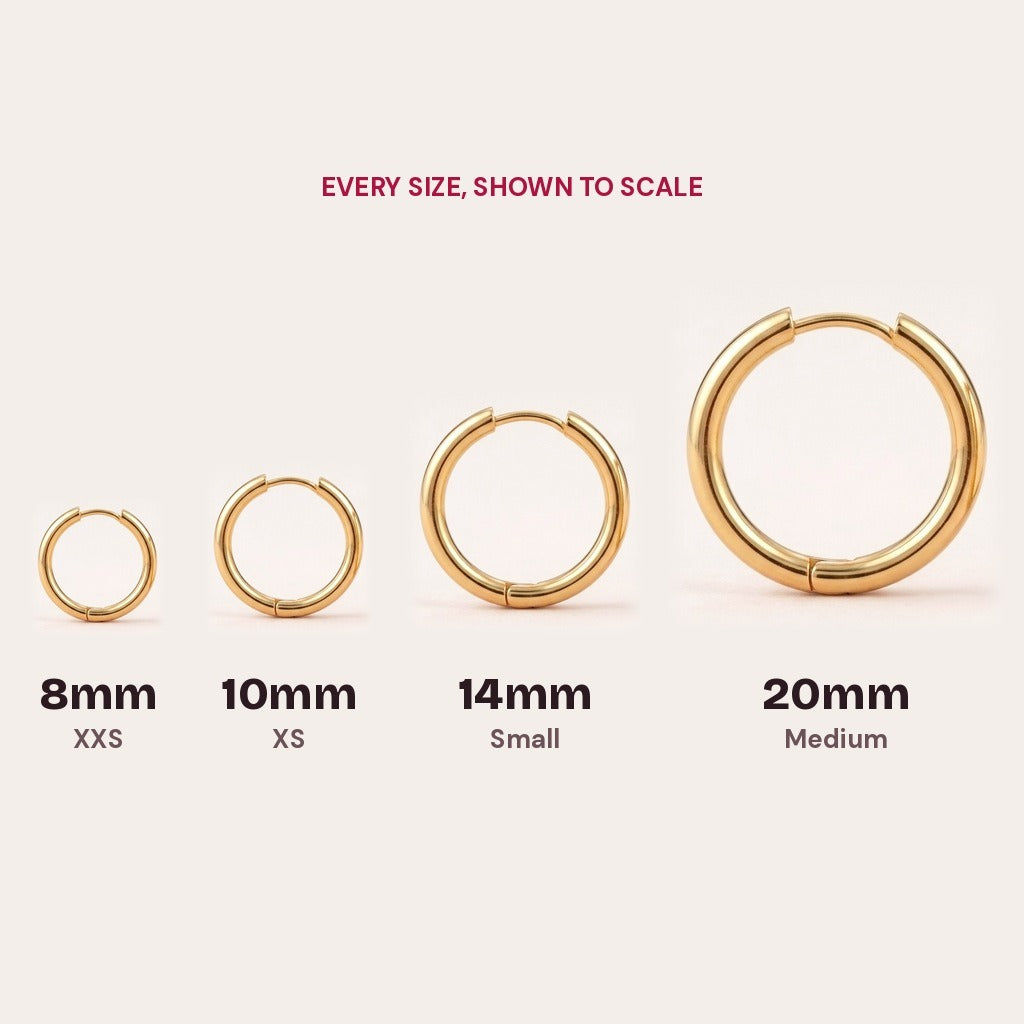 Everyday Hoops Gold in every size, shown to scale