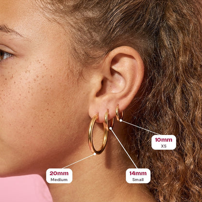 Everyday Hoops Gold: every size worn on the ear, with size labels