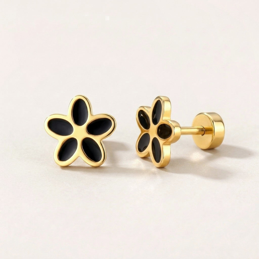 Flower Flat Back Studs Lilac in Black: hypoallergenic kids' flat back stud earrings, shown front and side on a soft stone background