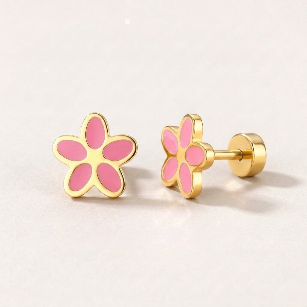 Flower Flat Back Studs Lilac in Pink: hypoallergenic kids' flat back stud earrings, shown front and side on a soft stone background