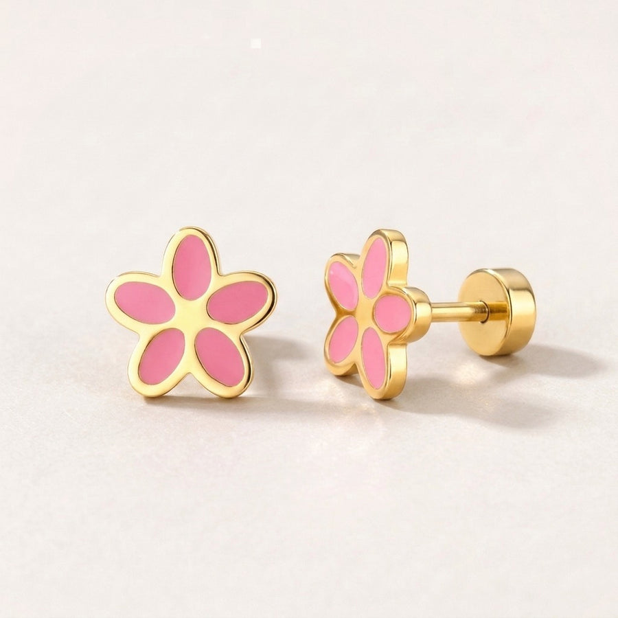 Flower Flat Back Studs Lilac in Pink: hypoallergenic kids' flat back stud earrings, shown front and side on a soft stone background