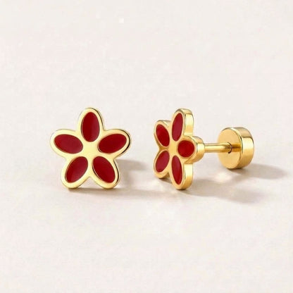 Flower Flat Back Studs Lilac in Red: hypoallergenic kids' flat back stud earrings, shown front and side on a soft stone background