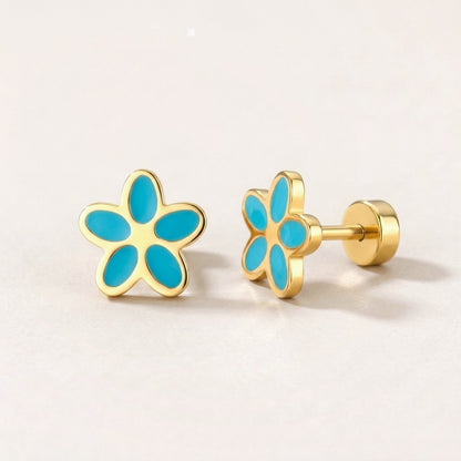 Flower Flat Back Studs Lilac in Turquoise: hypoallergenic kids' flat back stud earrings, shown front and side on a soft stone background