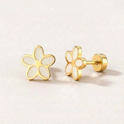 Flower Flat Back Studs Lilac in White: hypoallergenic kids' flat back stud earrings, shown front and side on a soft stone background