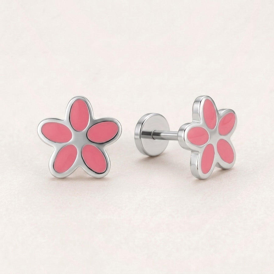 Flower Flat Back Studs Silver in Pink: hypoallergenic kids' flat back stud earrings, shown front and side on a soft stone background