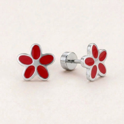Flower Flat Back Studs Silver in Red: hypoallergenic kids' flat back stud earrings, shown front and side on a soft stone background
