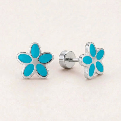 Flower Flat Back Studs Silver in Turquoise: hypoallergenic kids' flat back stud earrings, shown front and side on a soft stone background