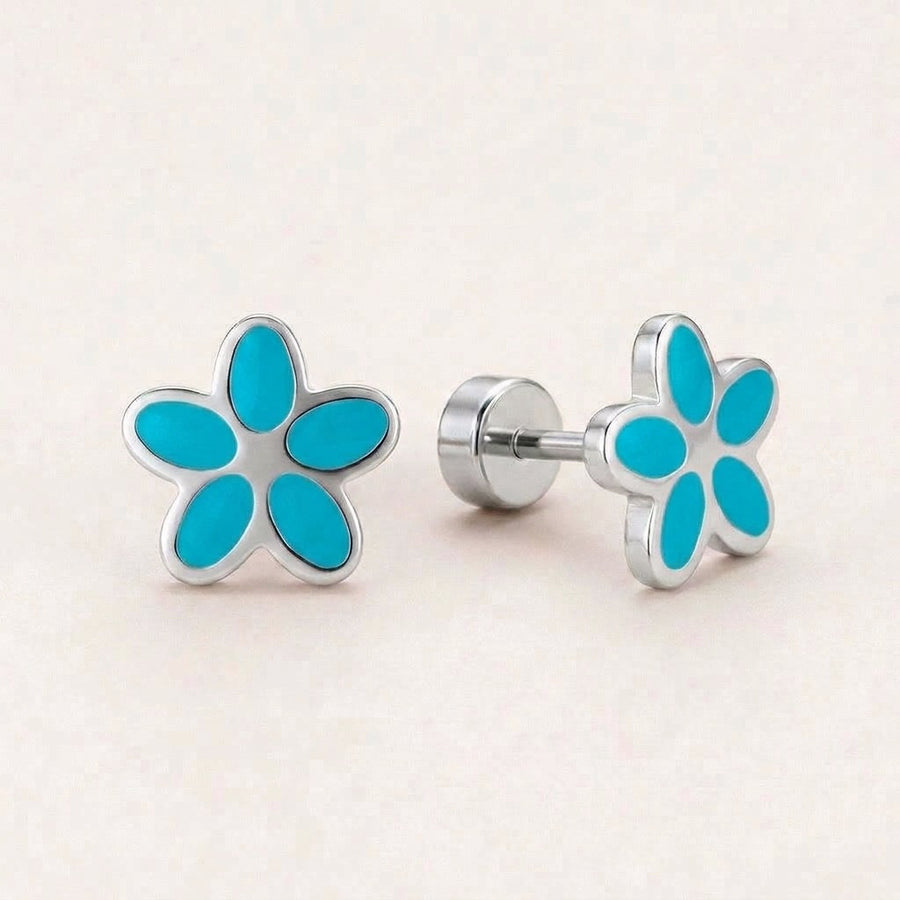 Flower Flat Back Studs Silver in Turquoise: hypoallergenic kids' flat back stud earrings, shown front and side on a soft stone background