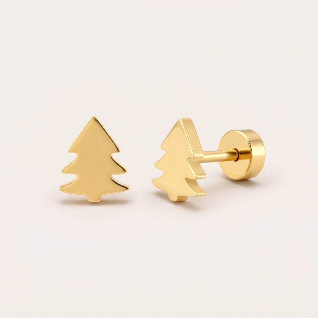 Golden Christmas Tree Flat Back Studs: hypoallergenic kids' flat back stud earrings, shown front and side on a soft stone background