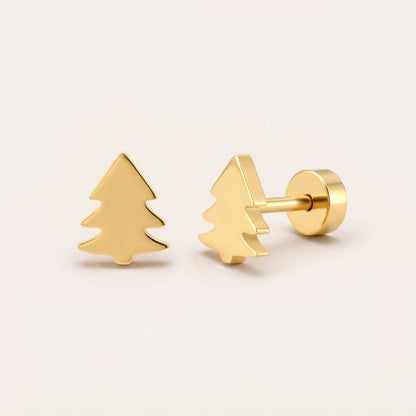 Golden Christmas Tree Flat Back Studs: hypoallergenic kids' flat back stud earrings, shown front and side on a soft stone background