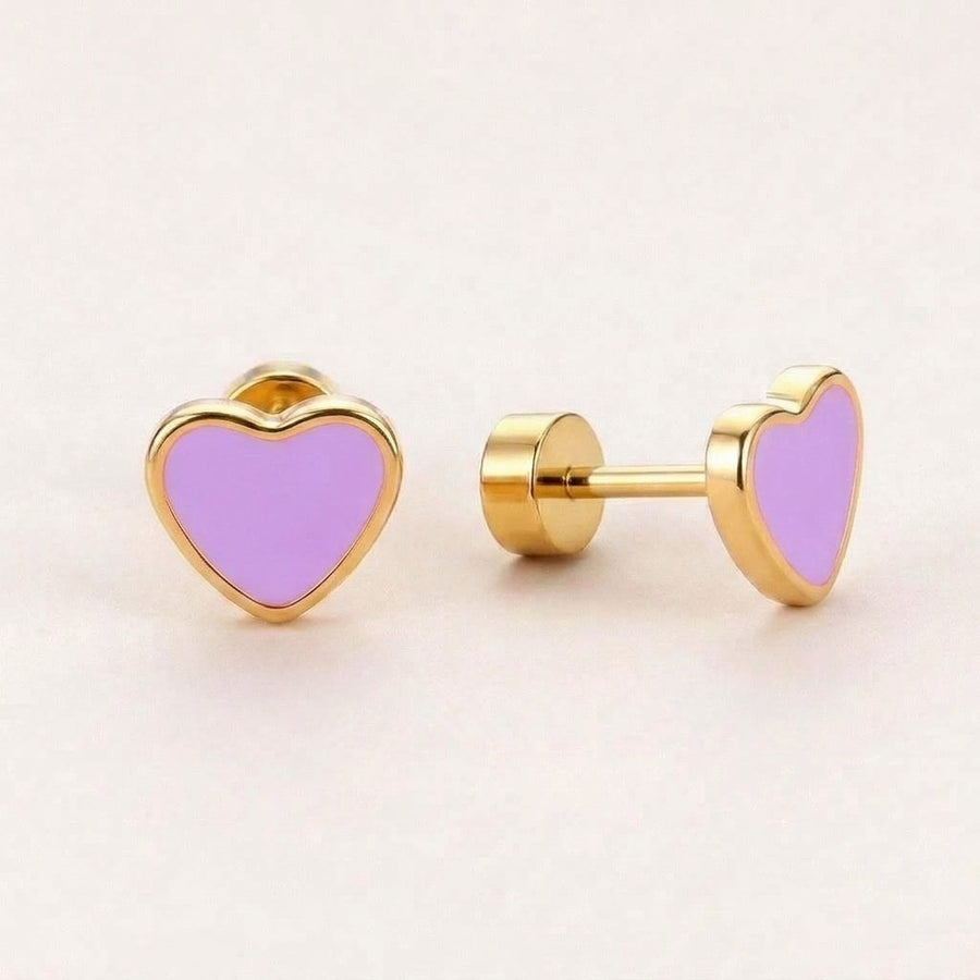 Love Heart Flat Back Studs Gold in Lilac: hypoallergenic kids' flat back stud earrings, shown front and side on a soft stone background