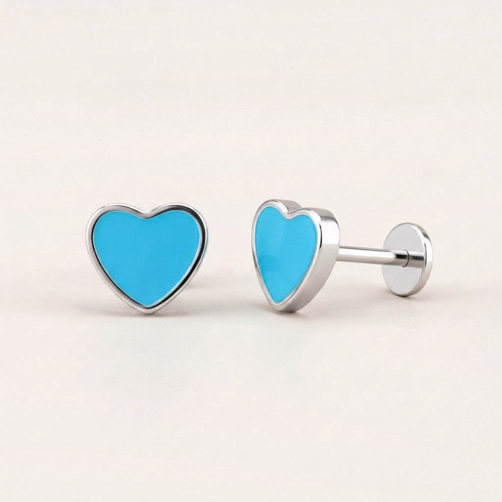 Love Heart Flat Back Studs Silver in Turquoise: hypoallergenic kids' flat back stud earrings, shown front and side on a soft stone background